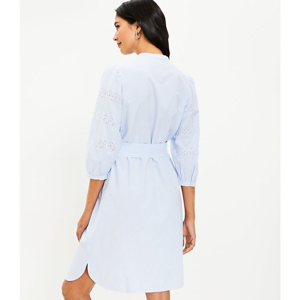LOFT Blue Stripe Embroidered Eyelet Cotton Mini Shirtdress Size Large - Picture 3 of 15